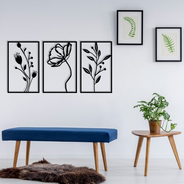 SADA 3x Nástěnná dekorace 78x39 cm květiny kov