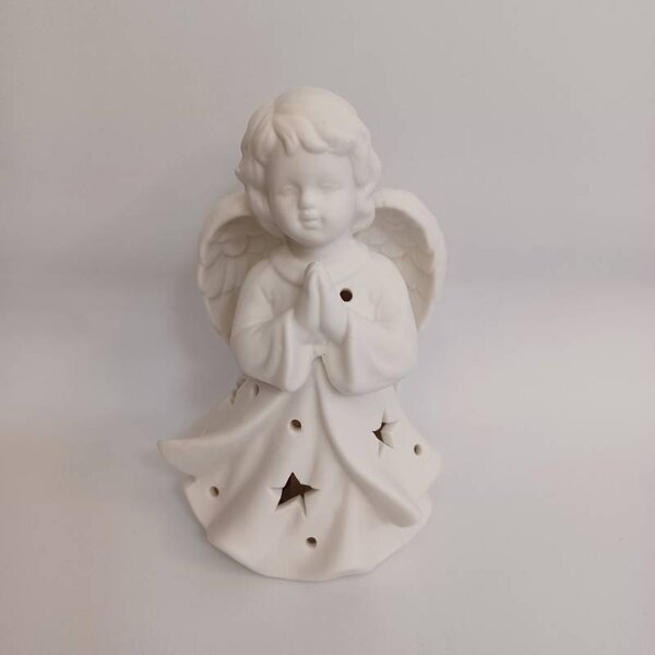 DECOLED Keramický andílek modlící se, 9,3 x 7,6 x 14,9 cm, teple bílá, 2xLR44