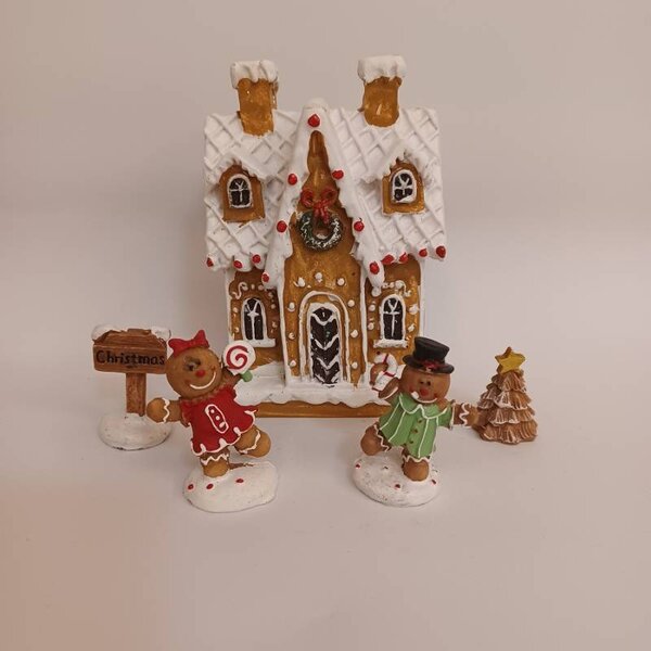 DECOLED Dekorace perníková chaloupka a perníčky 20,3 × 17,4 × 7,5 cm, IP20, polyresin umělá pryskyřice