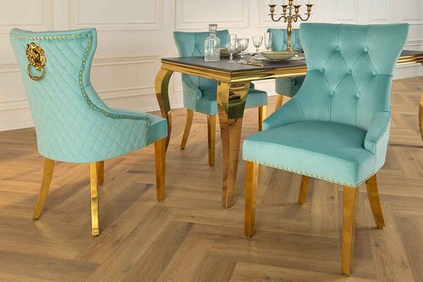 Designová židle Queen Lví hlava světle modrý samet