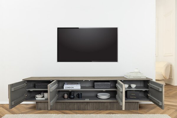 Designový TV stolek Movement 200 cm šedé dymové mango