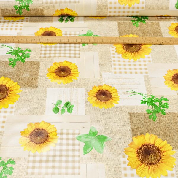 Ubrus PVC s textilním podkladem 5F4/0, slunečnice, pytlovina, kostka béžová, š.140cm (metráž)