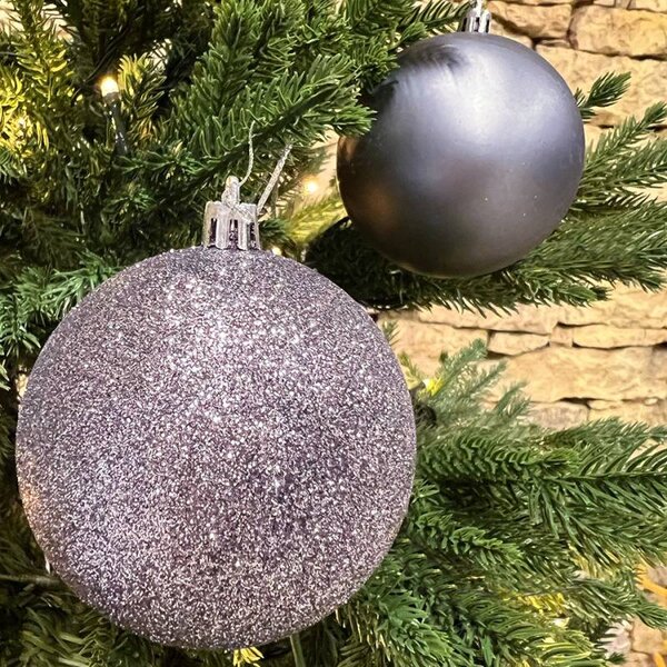 DECOLED Sada vánočních ozdob tmavě stříbrná 6 cm plastové baňky, 12× glitter, 12× mat, balení 24 ks