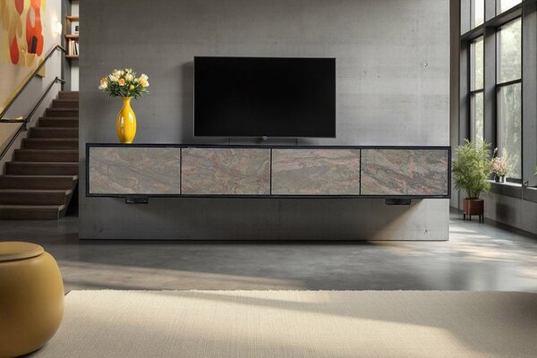 Designový závěsný TV stolek Quillon 200 cm přírodní kámen