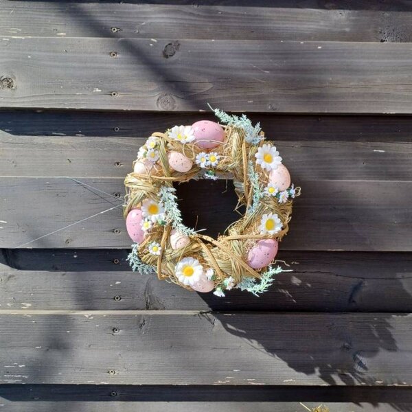 DECOLED Velikonoční věnec, 24 x 8 cm, starorůžová barva vajíček a kopretiny