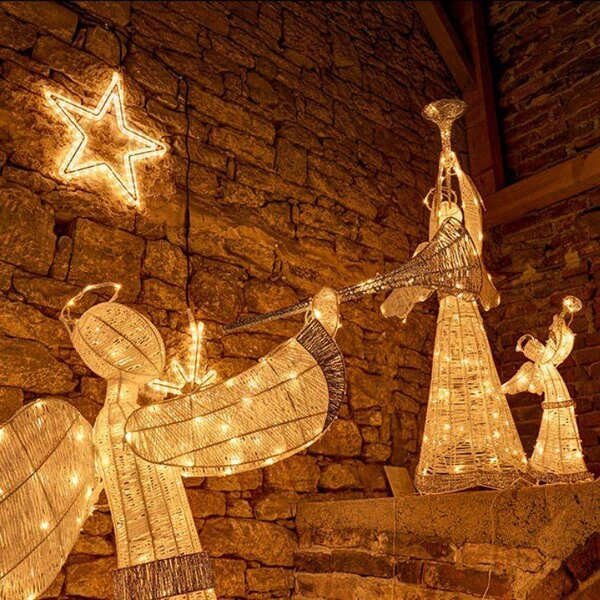 DECOLED 3D LED svítící anděl s trubkou, 122 cm, venkovní, teple bílá, 120 LED, IP44