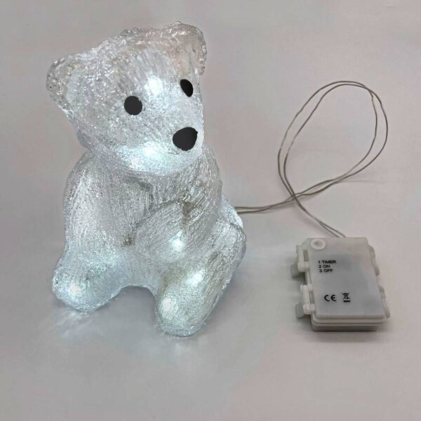 DECOLED 3D LED svítící medvěd sedící na baterie, 16 diod, s časovačem, 18 × 13 cm, ledově bílá, hliník, IP44 venkovní