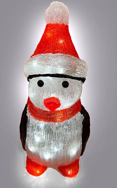 DECOLED 3D LED svítící tučňák 36 cm, s časovačem, akryl, vč. trafa, ledově bílá, hliník, IP44 venkovní