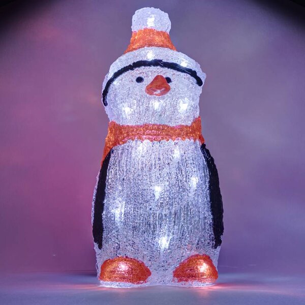 DECOLED 3D LED svítící tučňák 36 cm, s časovačem, akryl, vč. trafa, ledově bílá, hliník, IP44 venkovní