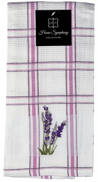 Euromat kuchyňská vaflová utěrka LAVENDA růžové káro s vyšívanou levandulí, 1 kus, 45x65cm