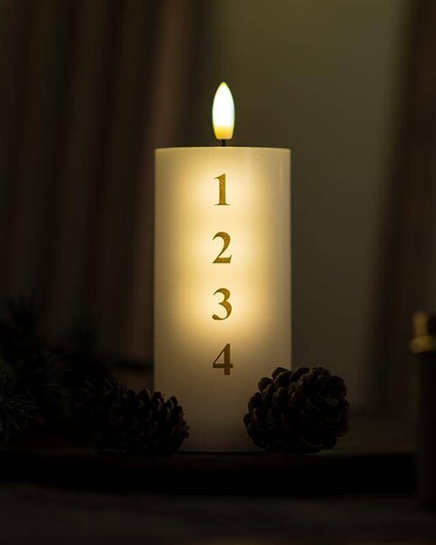 SIRIUS LED svíčka na baterie vosková Sille adventní s čísly, Ø 7 × 15 cm, bílá/zlatá