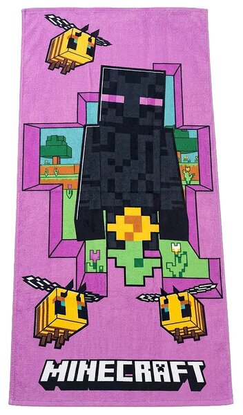 Carbotex Dětská plážová osuška MINECRAFT ENDERMAN A VČELKY, fialová, froté, 70x140cm