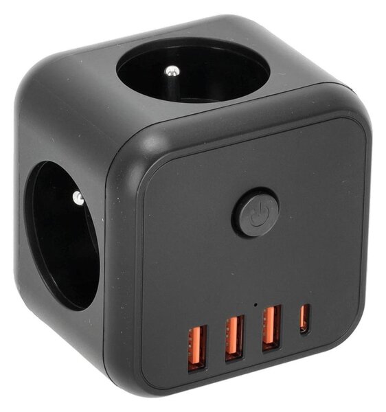 Rozbočovací zásuvka s vypínačem LINEA 3x230V + 4xUSB A/C černá