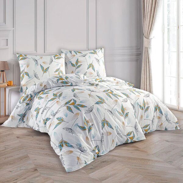 BedTex Povlečení CELINA, tyrkysové a žluté listy, bavlna hladká, 140x200cm + 70x90cm