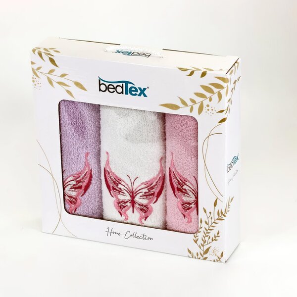 BedTex dárkový set froté ručníků MOTÝL, růžový s výšivkou, 30x50cm, 3ks