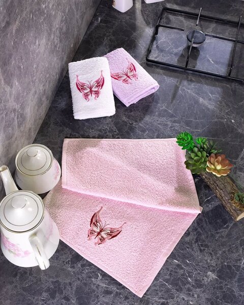 BedTex dárkový set froté ručníků MOTÝL, růžový s výšivkou, 30x50cm, 3ks