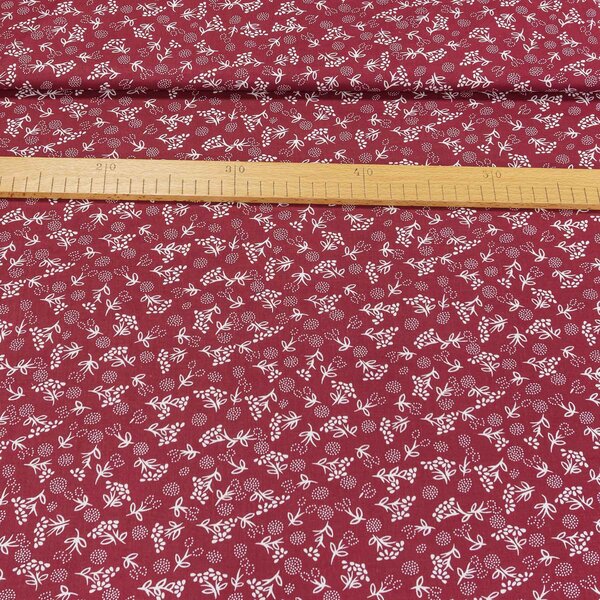 Bavlněné plátno 103000/5282 BORDÓ, bílé květinky s lístky na vínové, š.140cm (látka v metráži)