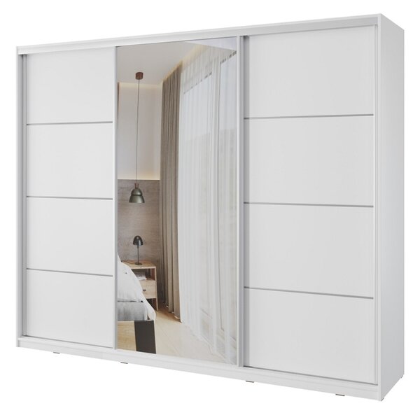 Šatní skříň NEJBY BARNABA 280 cm s posuvnými dveřmi, zrcadlem, 4 šuplíky a 2 šatními tyčemi, bílá