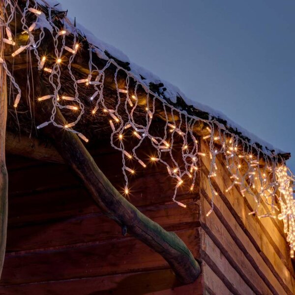 DECOLED Easy Fix venkovní LED rampouchy, světelné, 300 × 90 cm, teple bílá, 174 diod, bílý kabel, IP67, prodlužovací