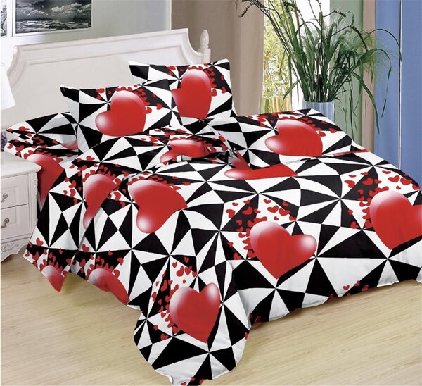 Bavlissimo 7-dílné povlečení srdce trojúhelníky bavlna/mikrovlákno černá červená 140x200 na dvě postele