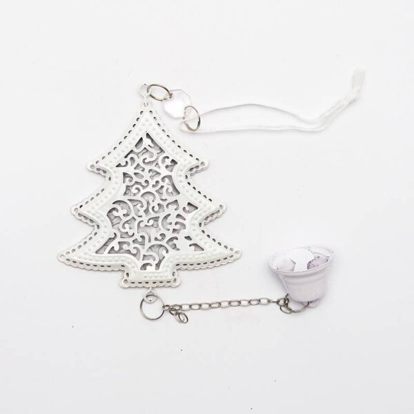 DECOLED Vánoční ozdoba na stromeček kovový stromeček, 10 × 8,5 cm, se zvonečkem 3 cm