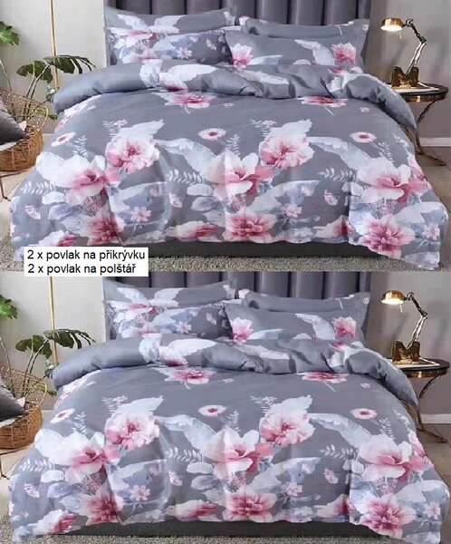 Bavlissimo 2-dílné povlečení květiny šedá růžová 140x200 na jednu postel množství v balení: 2 x přikrývka, 2 x polštář