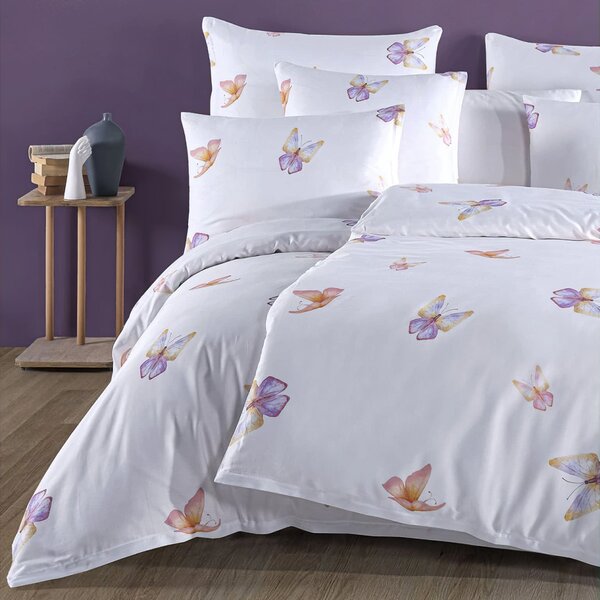 BedTex povlečení FLUTTER motýlci, bílé, bavlněný satén, 140x200cm + 70x90cm