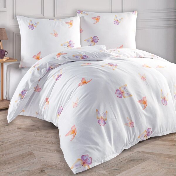 BedTex povlečení FLUTTER motýlci, bílé, bavlněný satén, 140x200cm + 70x90cm
