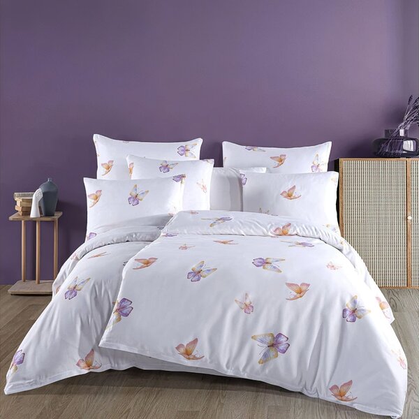 BedTex povlečení FLUTTER motýlci, bílé, bavlněný satén, 140x200cm + 70x90cm