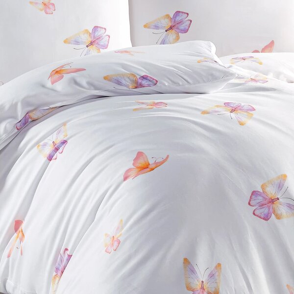 BedTex povlečení FLUTTER motýlci, bílé, bavlněný satén, 140x200cm + 70x90cm