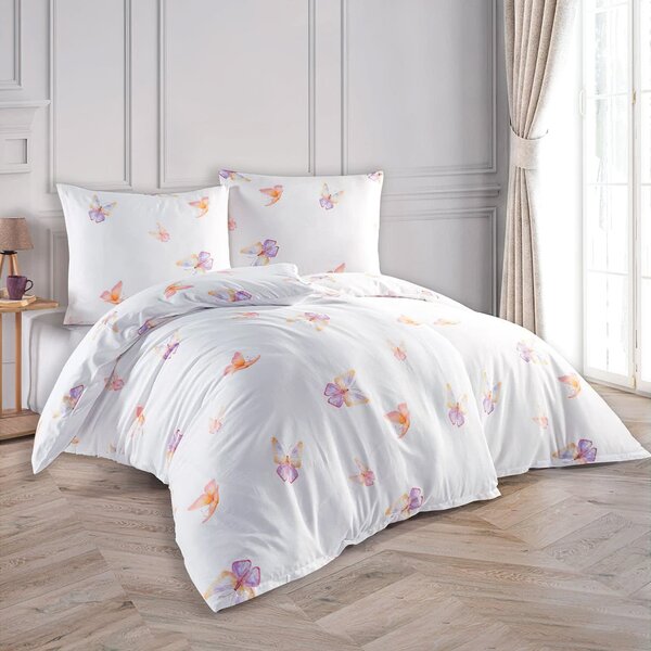 BedTex povlečení FLUTTER motýlci, bílé, bavlněný satén, 140x200cm + 70x90cm
