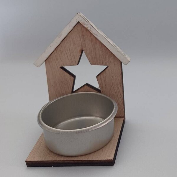 DECOLED Dřevěný svícen na čajové svíčky, chaloupka s hvězdou, 8 × 5 cm