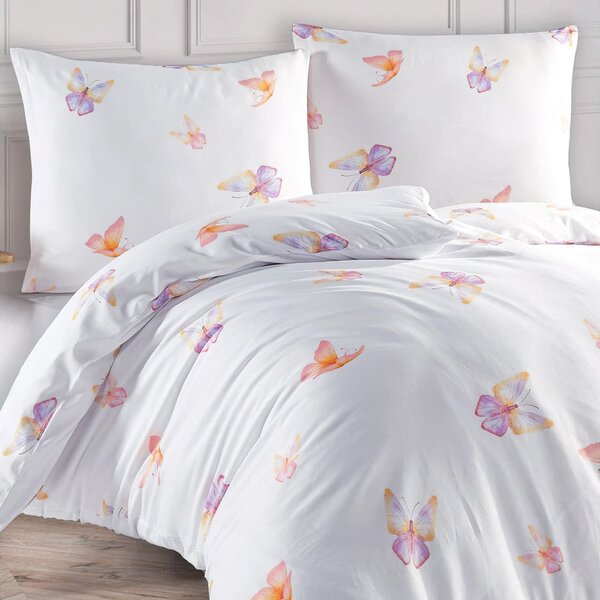 BedTex povlečení FLUTTER motýlci, bílé, bavlněný satén, 140x200cm + 70x90cm