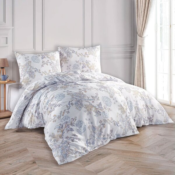 BedTex povlečení ELEGANCE, květinový vzor, bílo-modré, bavlněný satén, 140x200cm + 70x90cm