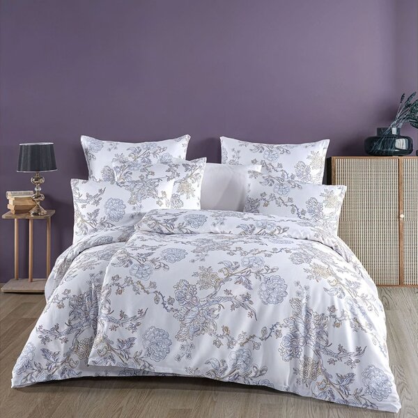 BedTex povlečení ELEGANCE, květinový vzor, bílo-modré, bavlněný satén, 140x200cm + 70x90cm