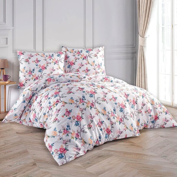 BedTex povlečení BLIZ, květinový vzor, růžovo-bílé, bavlněný satén, 140x200cm + 70x90cm