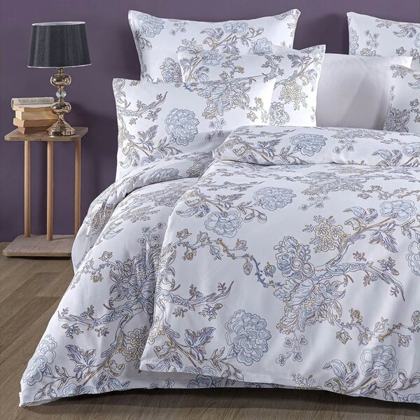 BedTex povlečení ELEGANCE, květinový vzor, bílo-modré, bavlněný satén, 140x200cm + 70x90cm