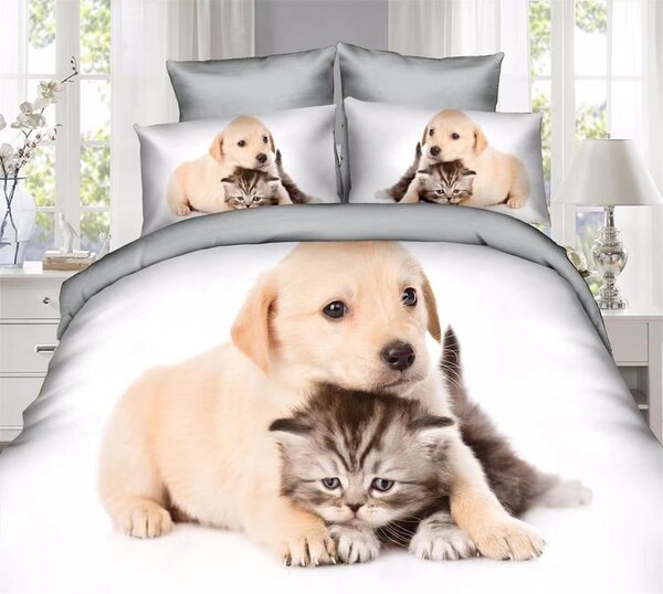 Bavlissimo 7-dílné povlečení kotě a štěně 3 D bílá 140x200 na dvě postele