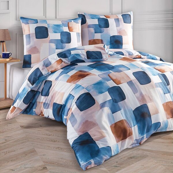 BedTex povlečení ECHO, geometrický vzor, modro-hnědé, bavlněný satén, 140x200cm + 70x90cm