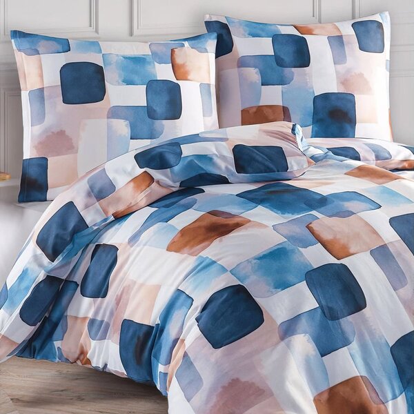 BedTex povlečení ECHO, geometrický vzor, modro-hnědé, bavlněný satén, 140x200cm + 70x90cm