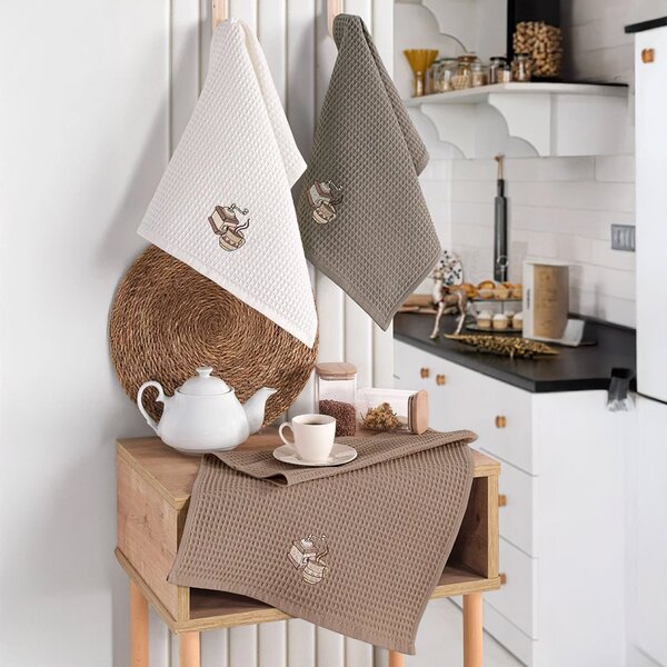 BedTex utěrky vaflové / dárkové balení KÁVOMLÝNEK, béžová s výšivkou, 3 kusy 40x60cm
