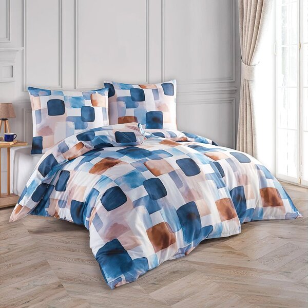 BedTex povlečení ECHO, geometrický vzor, modro-hnědé, bavlněný satén, 140x200cm + 70x90cm
