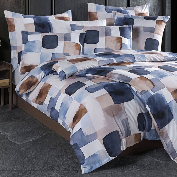 BedTex povlečení ECHO, geometrický vzor, modro-hnědé, bavlněný satén, 140x200cm + 70x90cm
