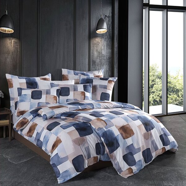BedTex povlečení ECHO, geometrický vzor, modro-hnědé, bavlněný satén, 140x200cm + 70x90cm