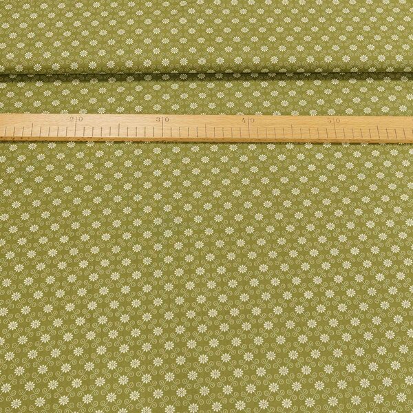 Bavlněné plátno 103000/13234 OLIVA, bílé kvítky a spirálky na olivově zelené, š.140cm (látka v metráži)