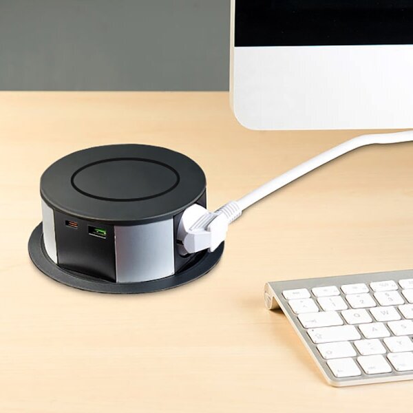 SolightPP120CW-PD20-B-Zásuv. sloupek pro desku stolu s Qi 3x230V+1xUSB-A+1xUSB-C