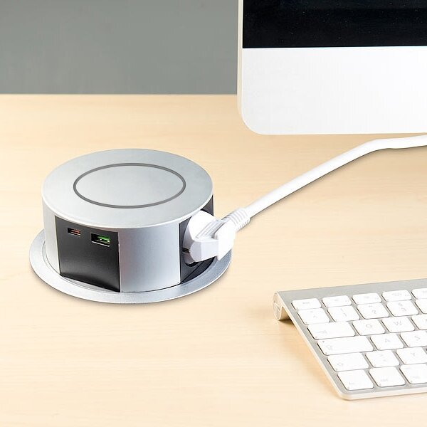 Solight PP120CW-PD20- Zásuv. sloupek pro desku stolu s Qi 3x230V+1xUSB-A+1xUSB-C