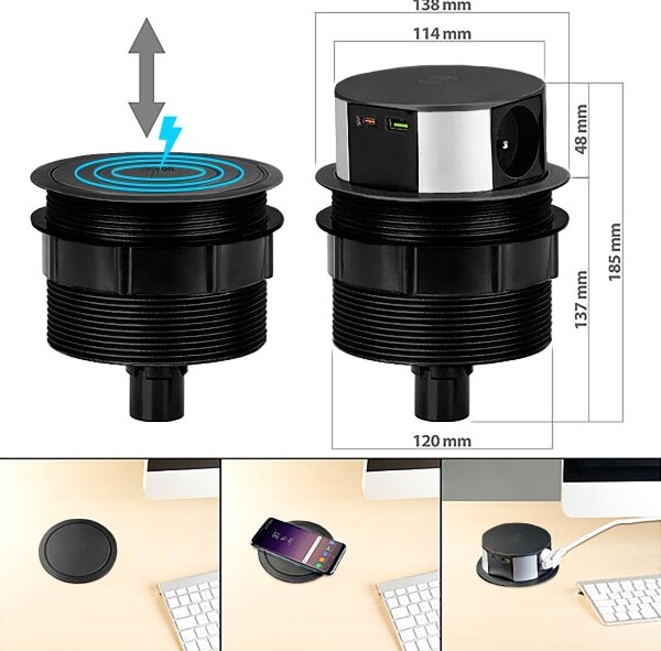 SolightPP120CW-PD20-B-Zásuv. sloupek pro desku stolu s Qi 3x230V+1xUSB-A+1xUSB-C