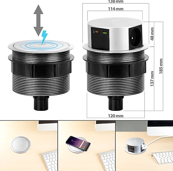 Solight PP120CW-PD20- Zásuv. sloupek pro desku stolu s Qi 3x230V+1xUSB-A+1xUSB-C