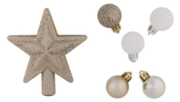 DECOLED Sada vánočních ozdob šampaň a bílá 3 cm plastové baňky a glitter špice, balení 28 baněk a 1 špice